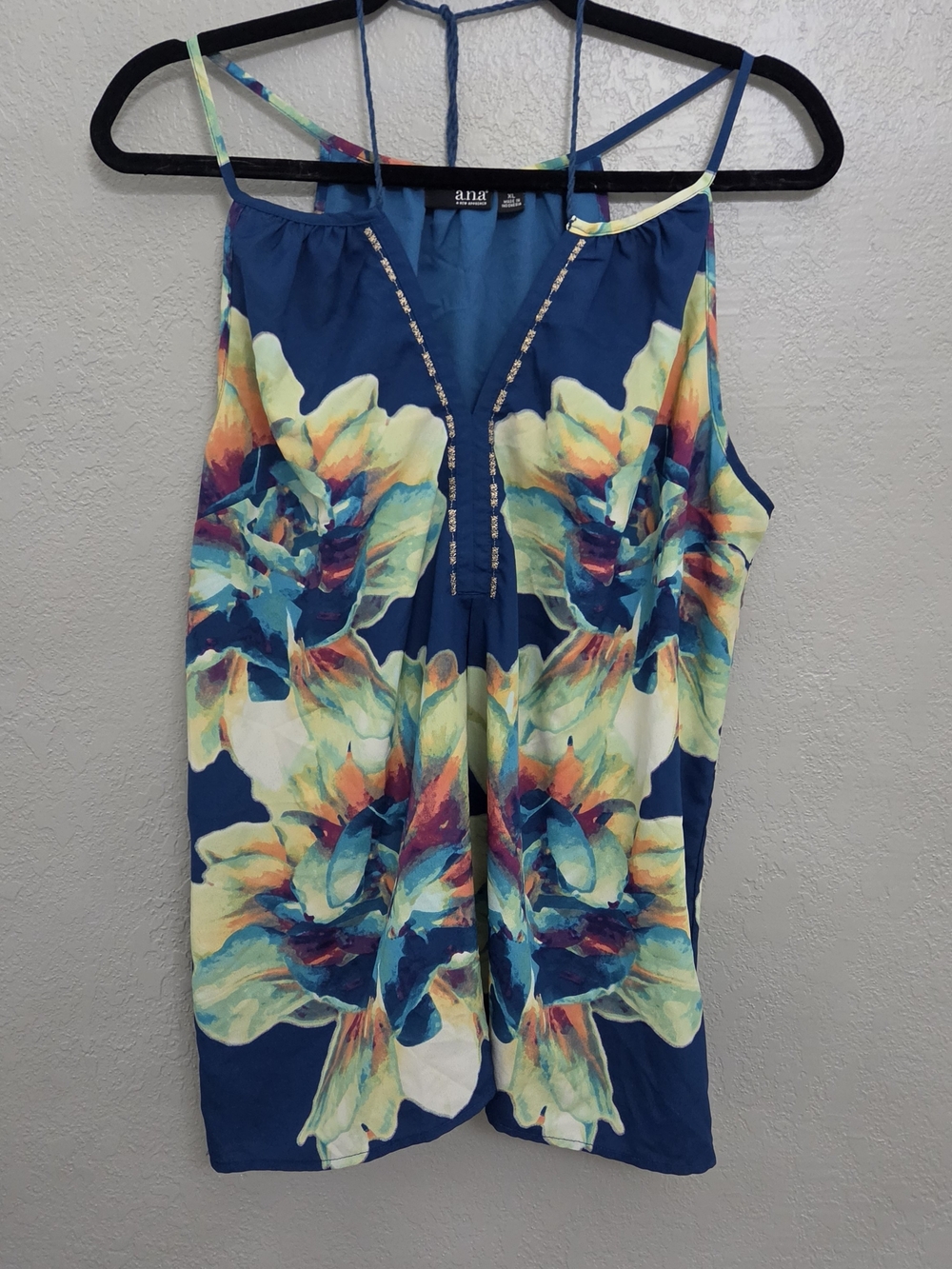 a.n.a Blue Floral V-Neck Strappy Camisole with Yellow, Teal and Pink Accents